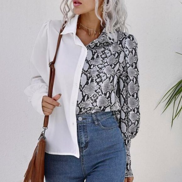 Snakeskin Print Button Through Bishop Sleeve Blous - Picture 4 of 6